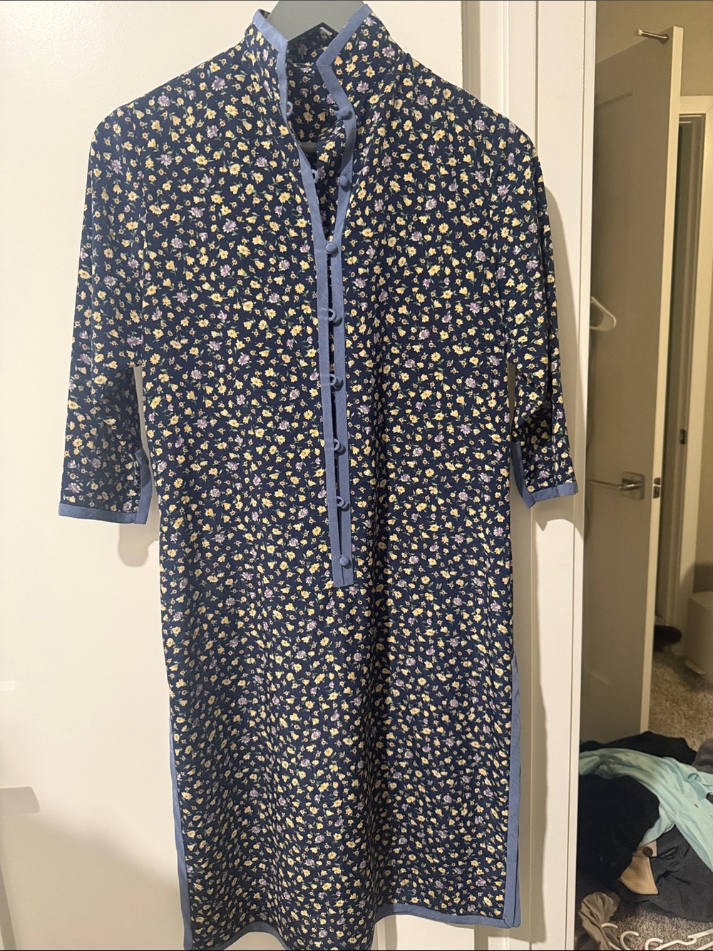 Navy Floral Button-Front Midi Dress